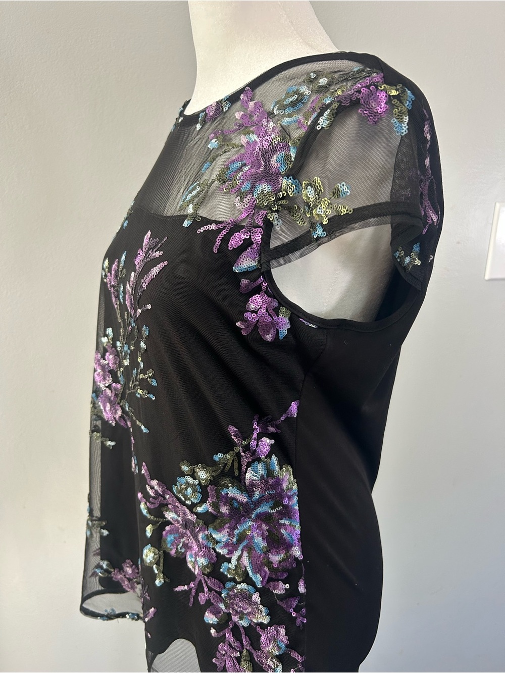 Sheer Embroidered Floral Sequin Top - Black with Purple & Blue - Picture 5 of 7